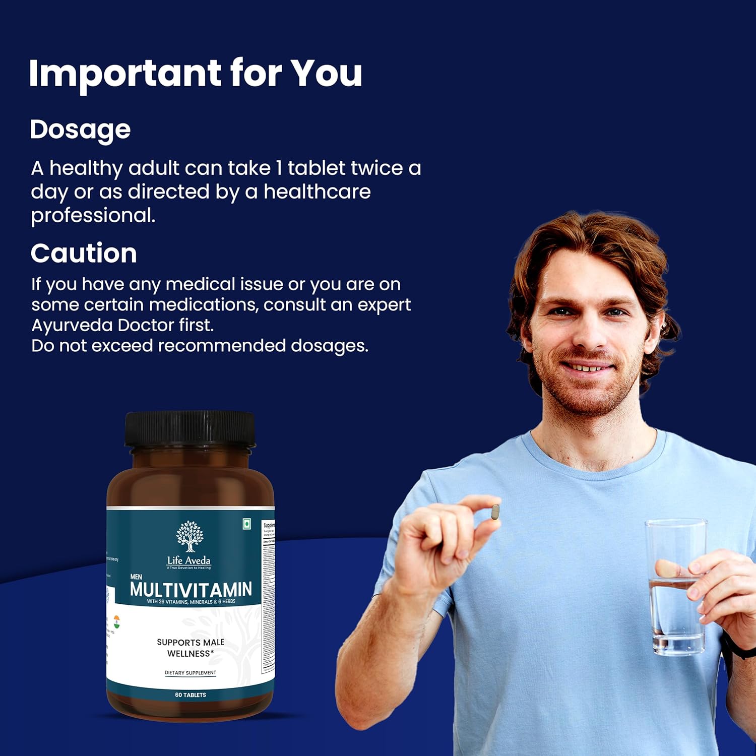 Aveda Men's Daily Multivitamin Supplement - 60 Capsules with Vitamin A, B12, C, D, Calcium - Health Support for Men