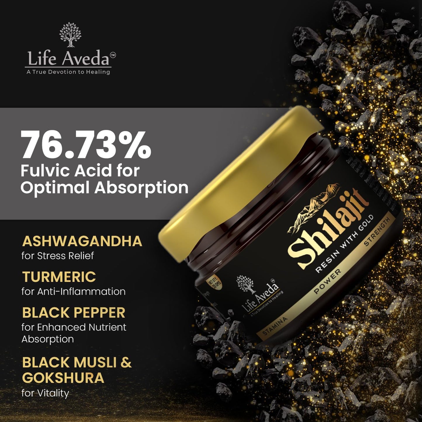 Aveda Shilajit Resin with Gold Boosts Stamina - 20 GM - Himalayan Shilajit Fulvic & Humic Acid