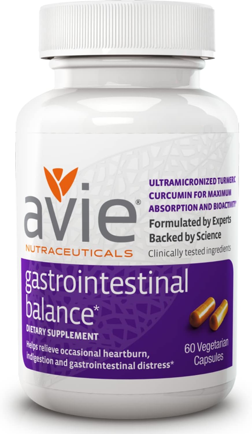 Avie NUTRACEUTICALS Curcumin Supplement for Gastrointestinal Balance - 60 Capsules with Licorice Root & Magnesium | Heartburn, Acid Reflux, Indigestion Relief - Gluten Free & GMP-Certified