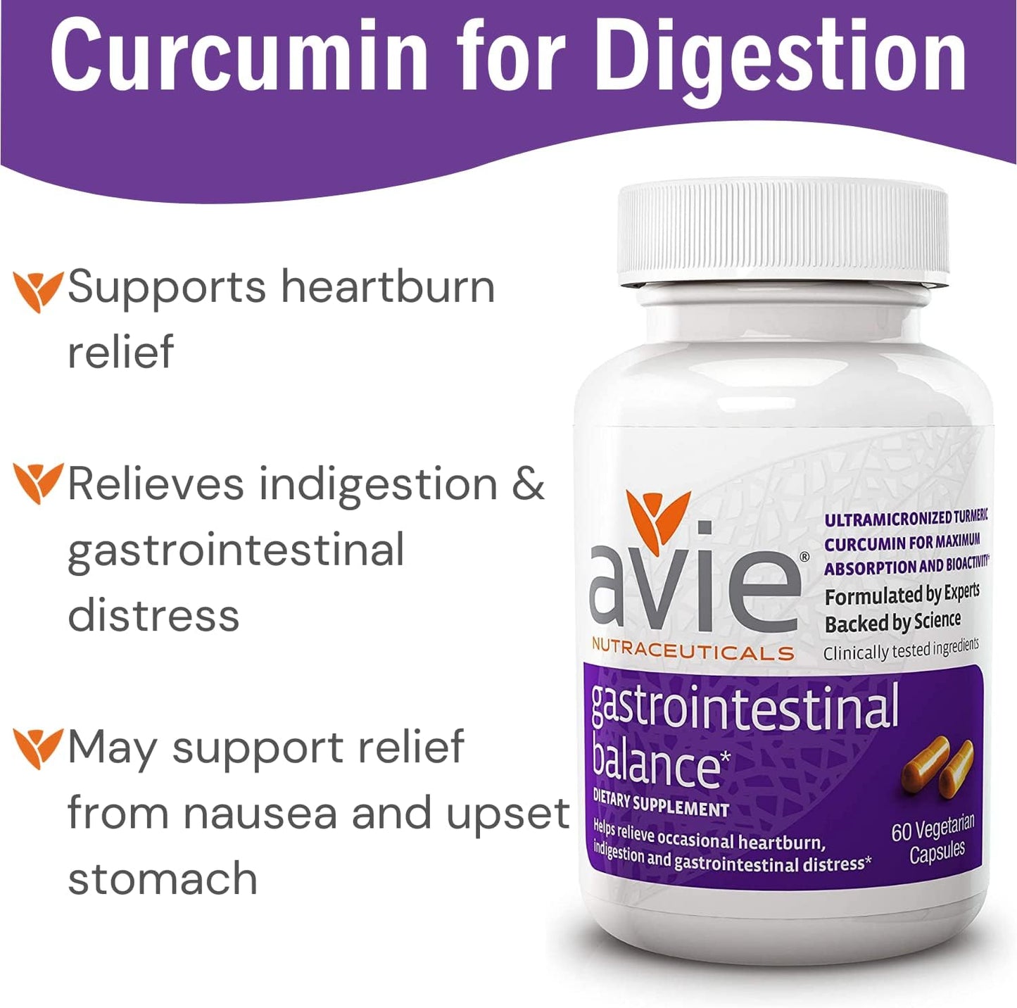 Avie NUTRACEUTICALS Curcumin Supplement for Gastrointestinal Balance - 60 Capsules with Licorice Root & Magnesium | Heartburn, Acid Reflux, Indigestion Relief - Gluten Free & GMP-Certified