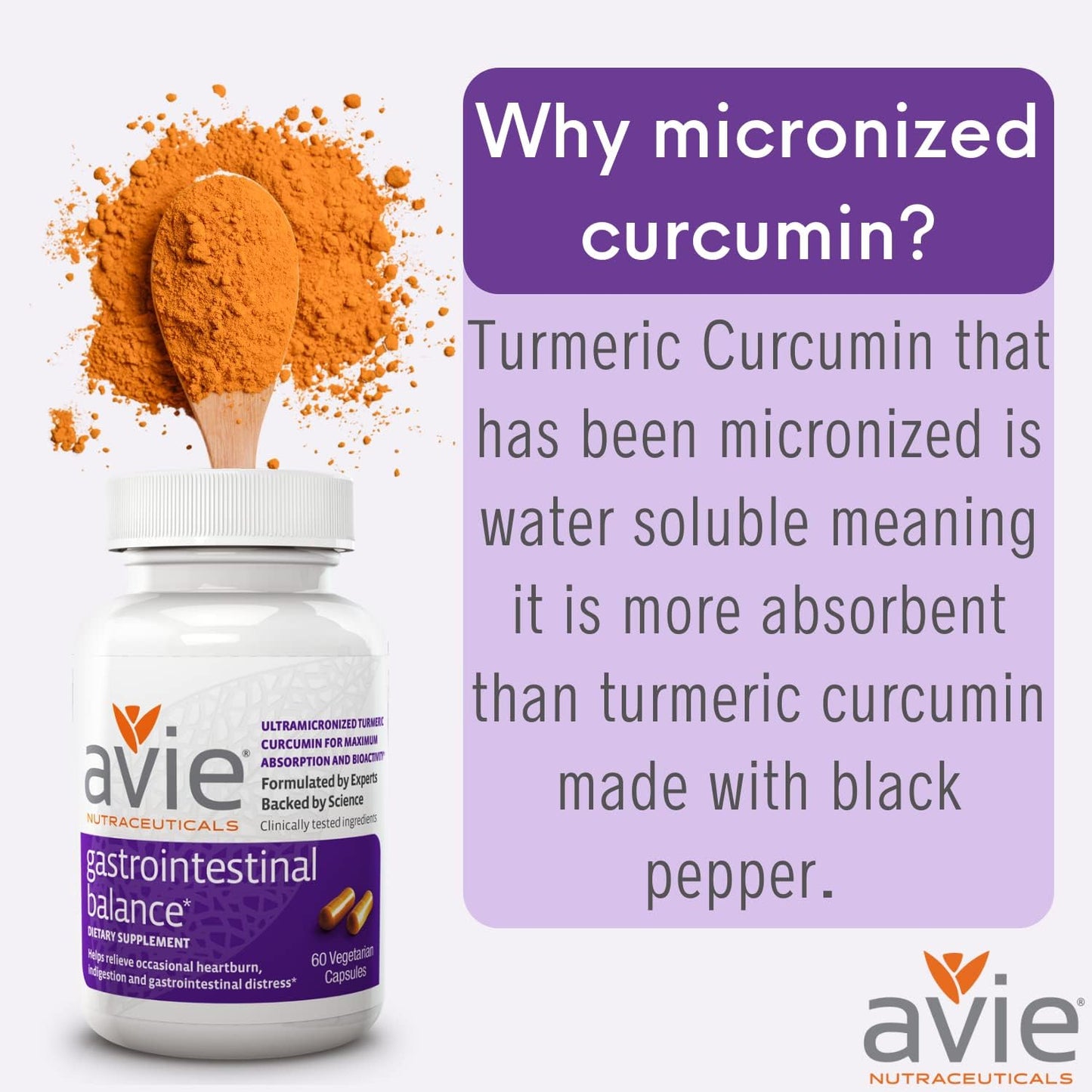 Avie NUTRACEUTICALS Curcumin Supplement for Gastrointestinal Balance - 60 Capsules with Licorice Root & Magnesium | Heartburn, Acid Reflux, Indigestion Relief - Gluten Free & GMP-Certified