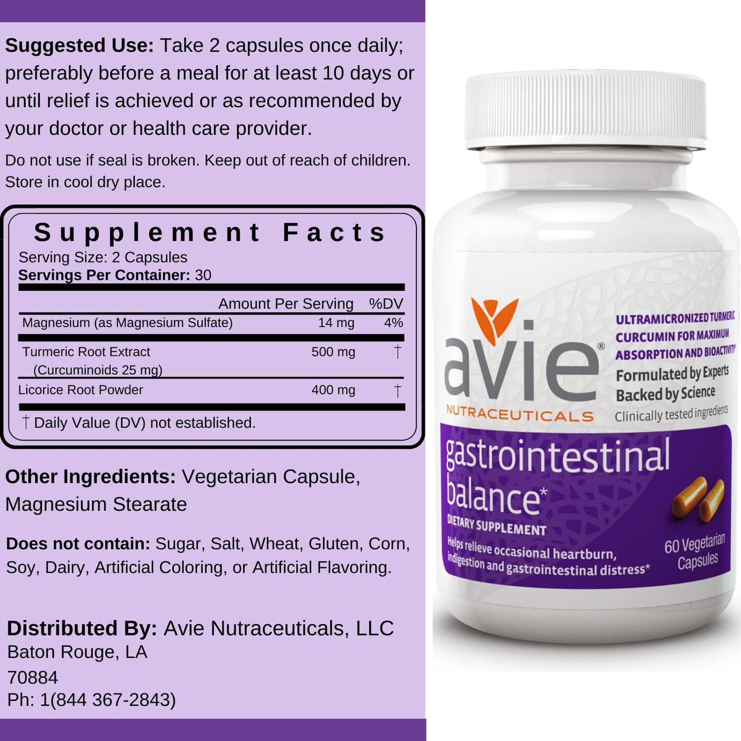 Avie NUTRACEUTICALS Curcumin Supplement for Gastrointestinal Balance - 60 Capsules with Licorice Root & Magnesium | Heartburn, Acid Reflux, Indigestion Relief - Gluten Free & GMP-Certified