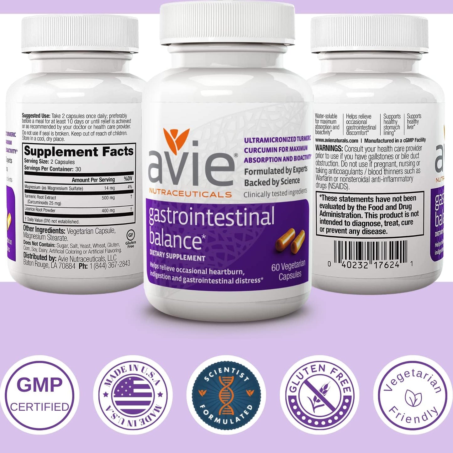 Avie NUTRACEUTICALS Curcumin Supplement for Gastrointestinal Balance - 60 Capsules with Licorice Root & Magnesium | Heartburn, Acid Reflux, Indigestion Relief - Gluten Free & GMP-Certified