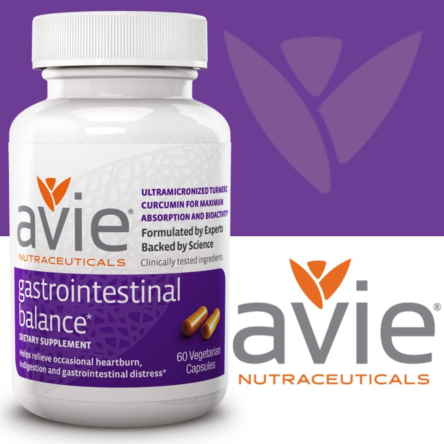 Avie NUTRACEUTICALS Curcumin Supplement for Gastrointestinal Balance - 60 Capsules with Licorice Root & Magnesium | Heartburn, Acid Reflux, Indigestion Relief - Gluten Free & GMP-Certified