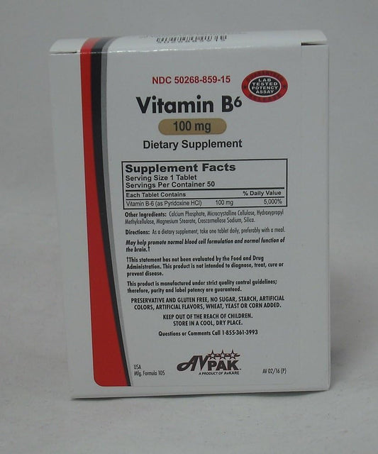 Avpak Vitamin B-6 Tablets 100 MG - 50 Tablets Pack for Daily Health Support