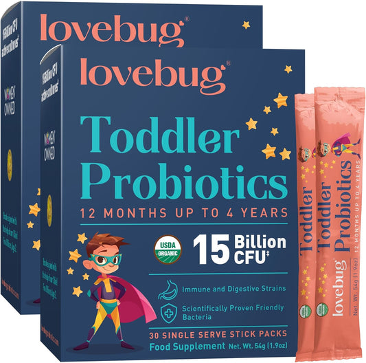 Award-Winning Lovebug Probiotics for Kids | Promotes Digestive Health | Soothes Constipation & Stomach Discomfort | Easy-to-Take Powder Packets | Ages 1-4 | 60 Pack