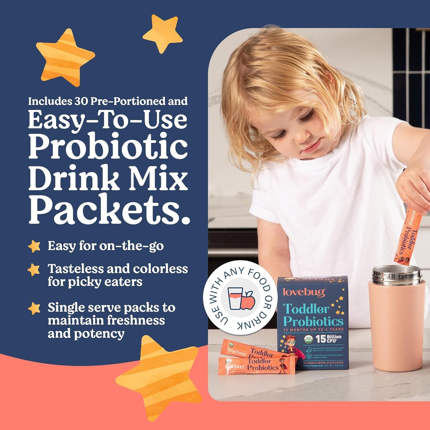Award-Winning Lovebug Probiotics for Kids | Promotes Digestive Health | Soothes Constipation & Stomach Discomfort | Easy-to-Take Powder Packets | Ages 1-4 | 60 Pack