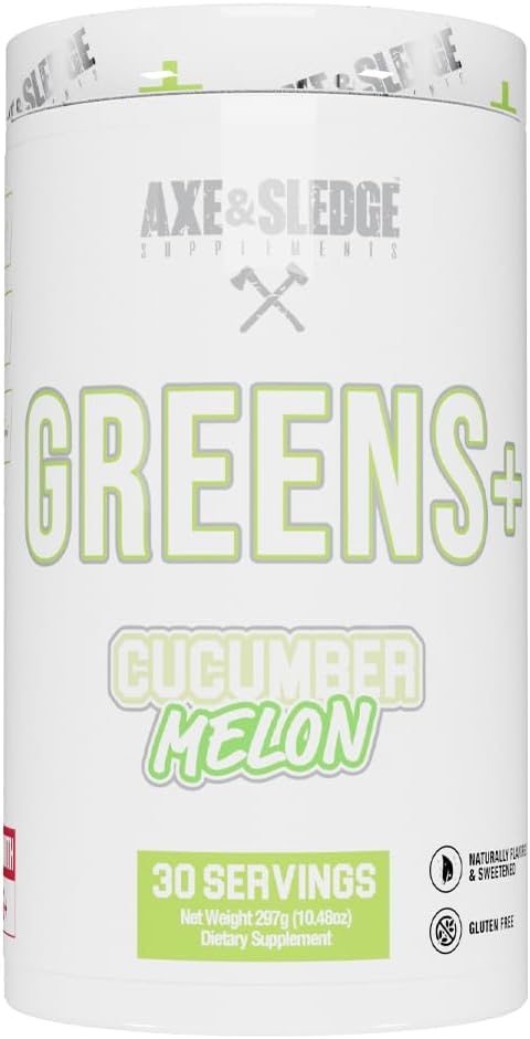 Axe & Sledge Greens+ Superfood Powder - Antioxidants, Probiotics, Digestive Enzymes, Ashwagandha, Coconut Water, 30 Servings - Cucumber Melon V2