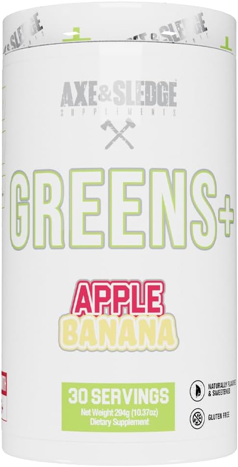 Axe & Sledge Greens+ Superfood Powder - Antioxidants, Probiotics, Digestive Enzymes, Ashwagandha, Coconut Water - 30 Servings - Apple Banana Flavor