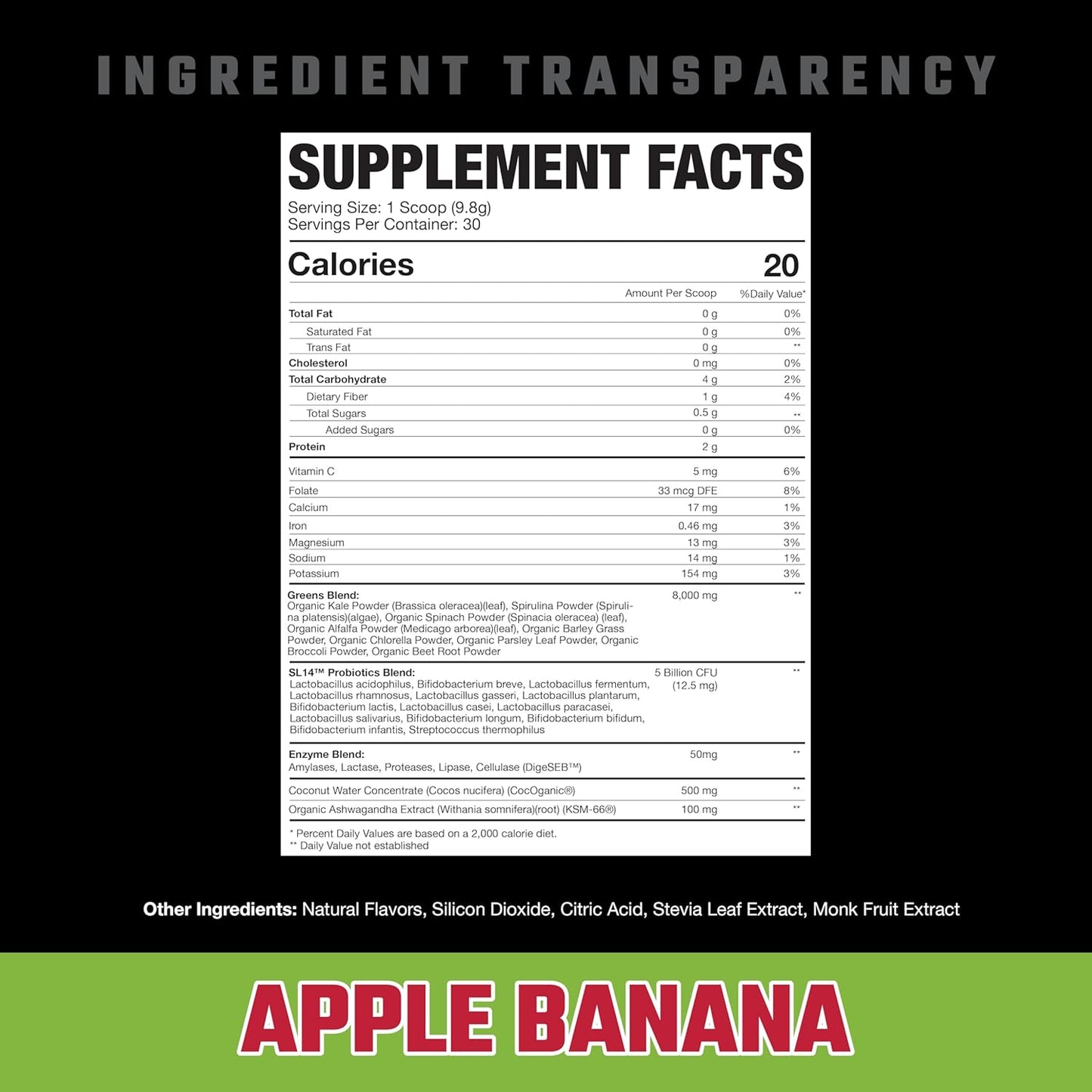 Axe & Sledge Greens+ Superfood Powder - Antioxidants, Probiotics, Digestive Enzymes, Ashwagandha, Coconut Water - 30 Servings - Apple Banana Flavor