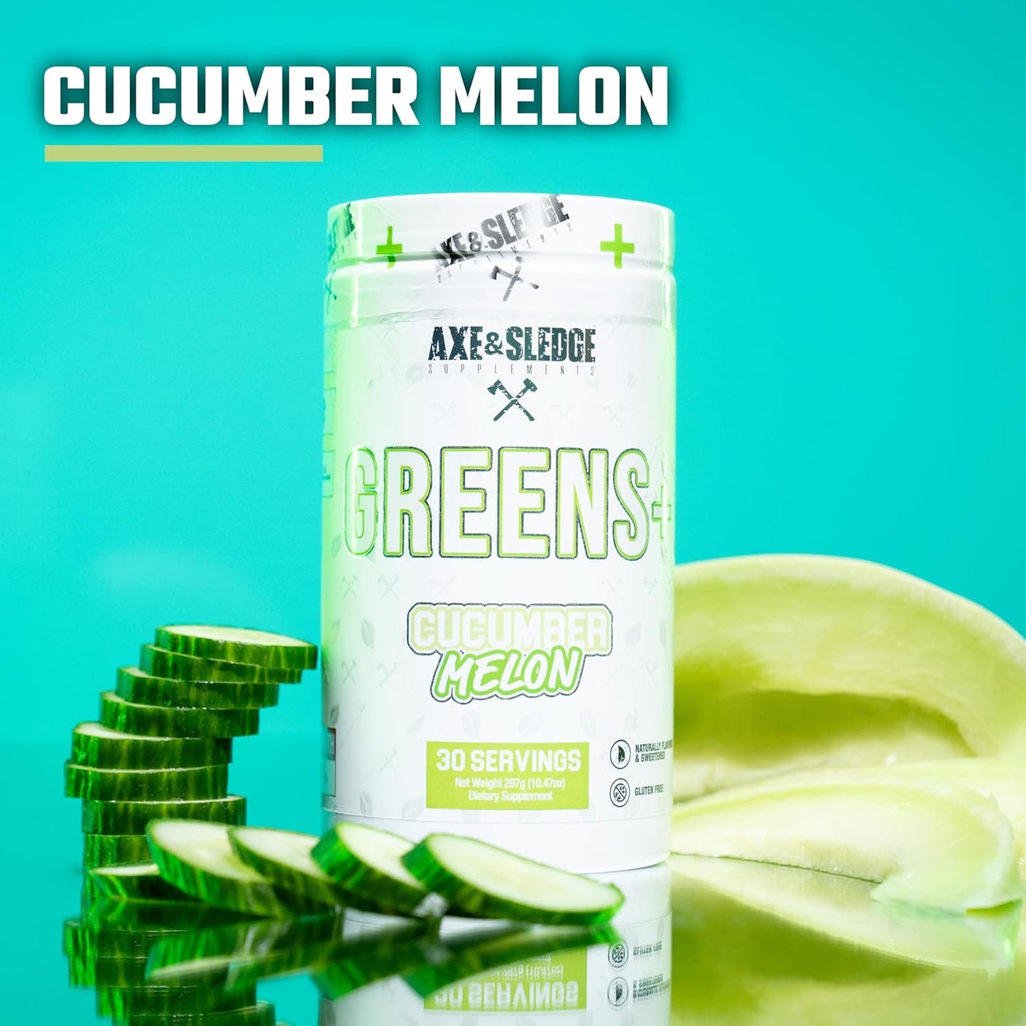 Axe & Sledge Greens+ Superfood Powder - Antioxidants, Probiotics, Digestive Enzymes, Ashwagandha, Coconut Water, 30 Servings - Cucumber Melon V2