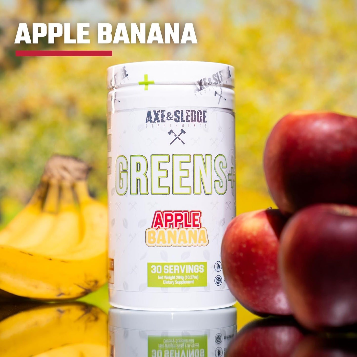 Axe & Sledge Greens+ Superfood Powder - Antioxidants, Probiotics, Digestive Enzymes, Ashwagandha, Coconut Water - 30 Servings - Apple Banana Flavor