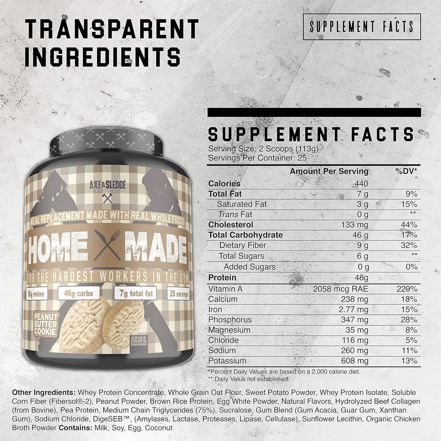 Axe & Sledge Homemade Meal Replacement Powder with Digestive Enzymes, Protein, Carbs, Fats - Peanut Butter Cookie Flavor (25 Servings)