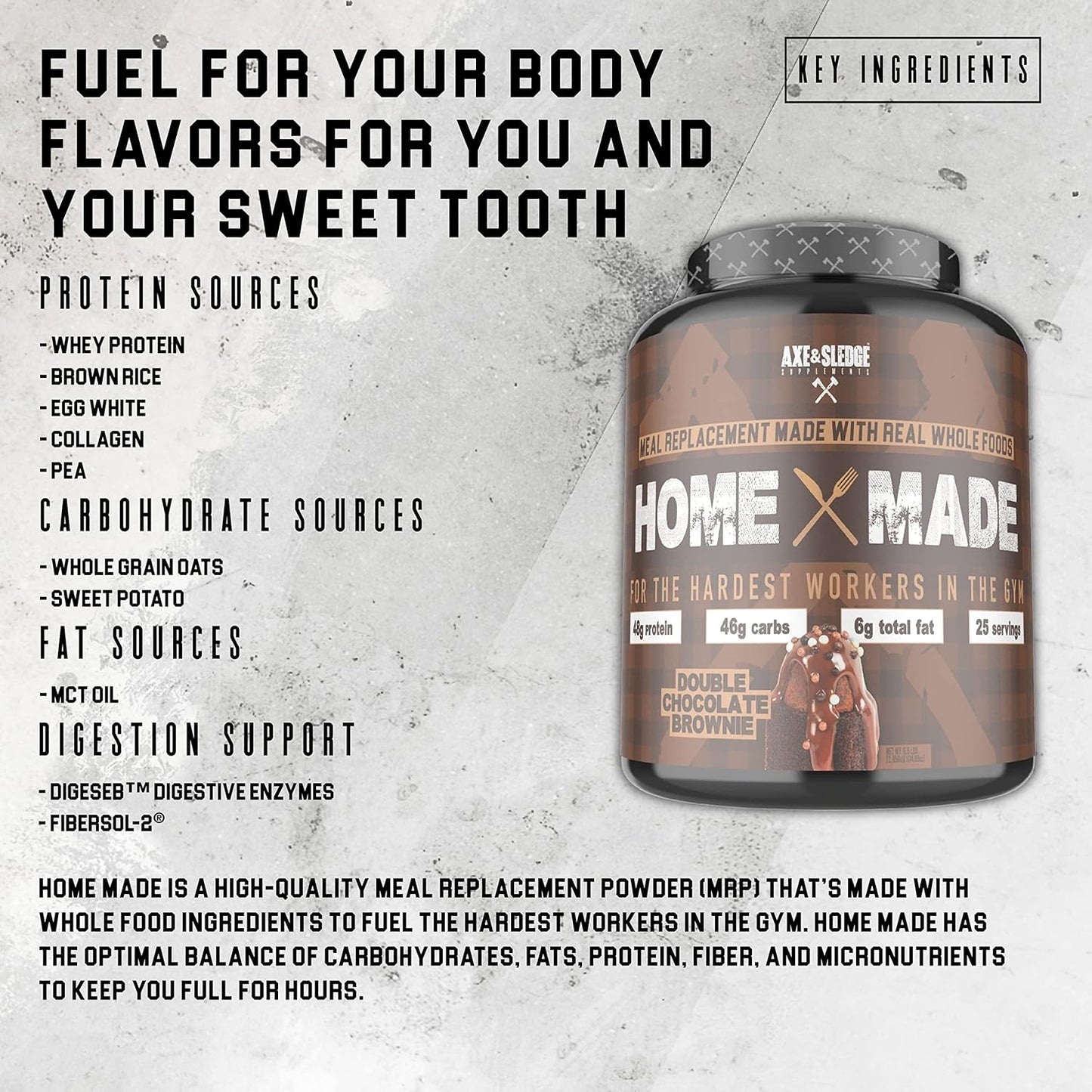 Axe & Sledge Homemade Meal Replacement Powder with Digestive Enzymes, Protein, Carbs, Fats - Peanut Butter Cookie Flavor (25 Servings)