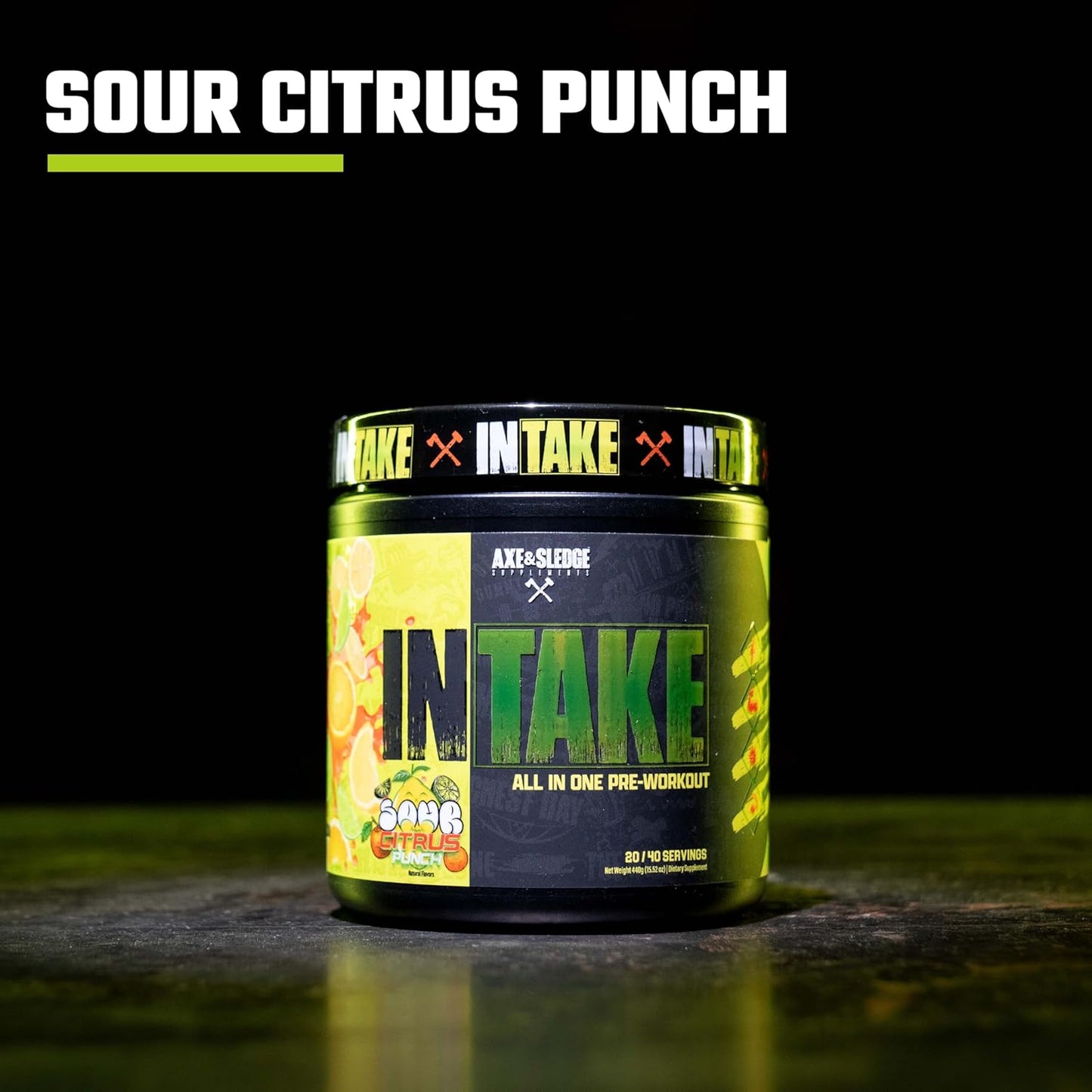 Axe & Sledge Intake Pre-Workout Supplement, Sour Citrus Punch Flavor, Available in 20 or 40 Servings