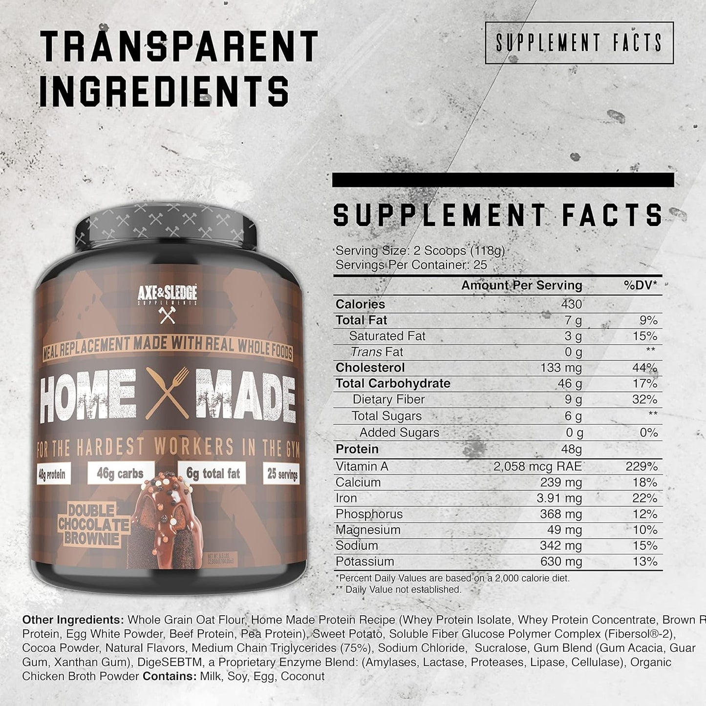 Axe & Sledge Supplements Chocolate Brownie Meal Replacement Powder with Digestive Enzymes - 25 Servings