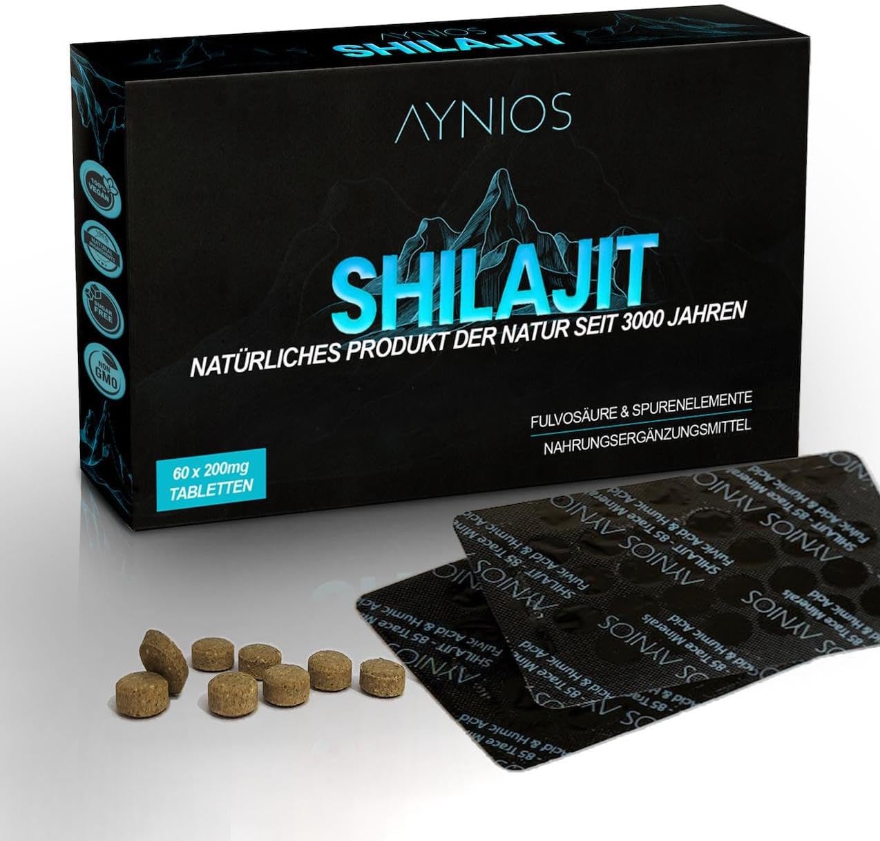 AYNIOS Pure Himalayan Shilajit Dry Drops Tablets - 100% Natural Grade A Supplement for Energy, Metabolism & Immune Support - High Potency with Clean Trace Minerals & Fulvic Acid - Men & Women.