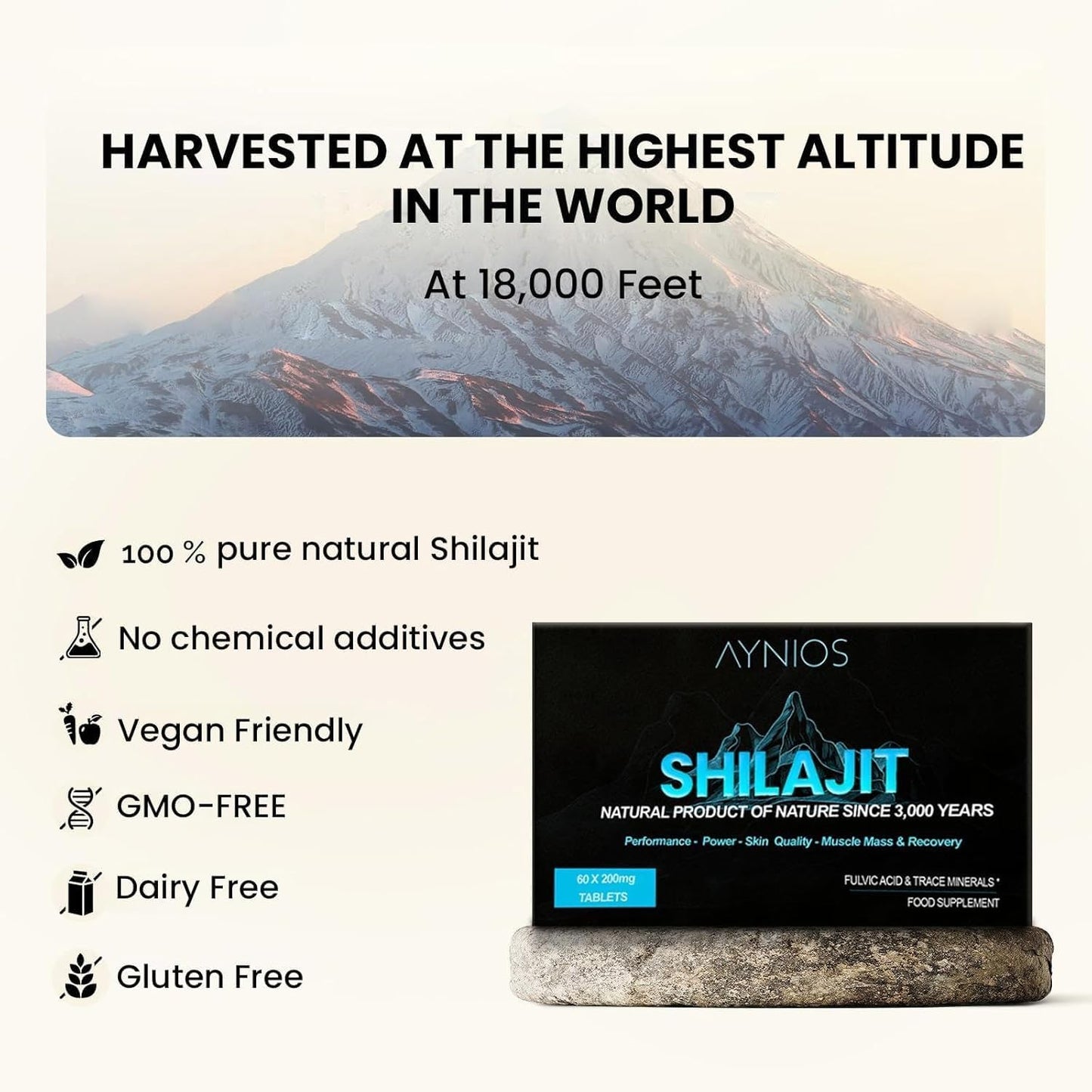 AYNIOS Pure Himalayan Shilajit Dry Drops Tablets - 100% Natural Grade A Supplement for Energy, Metabolism & Immune Support - High Potency with Clean Trace Minerals & Fulvic Acid - Men & Women.