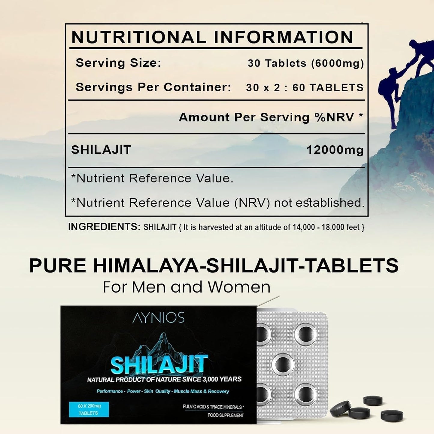AYNIOS Pure Himalayan Shilajit Dry Drops Tablets - 100% Natural Grade A Supplement for Energy, Metabolism & Immune Support - High Potency with Clean Trace Minerals & Fulvic Acid - Men & Women.