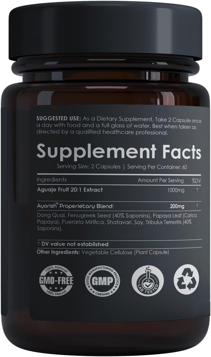 Ayorish Aguaje Fruit Supplement with Pueraria Mirifica, Papaya Leaf, Dong Quai, Shatavari, Wild Yam, Fenugreek Seed - 120 Capsules