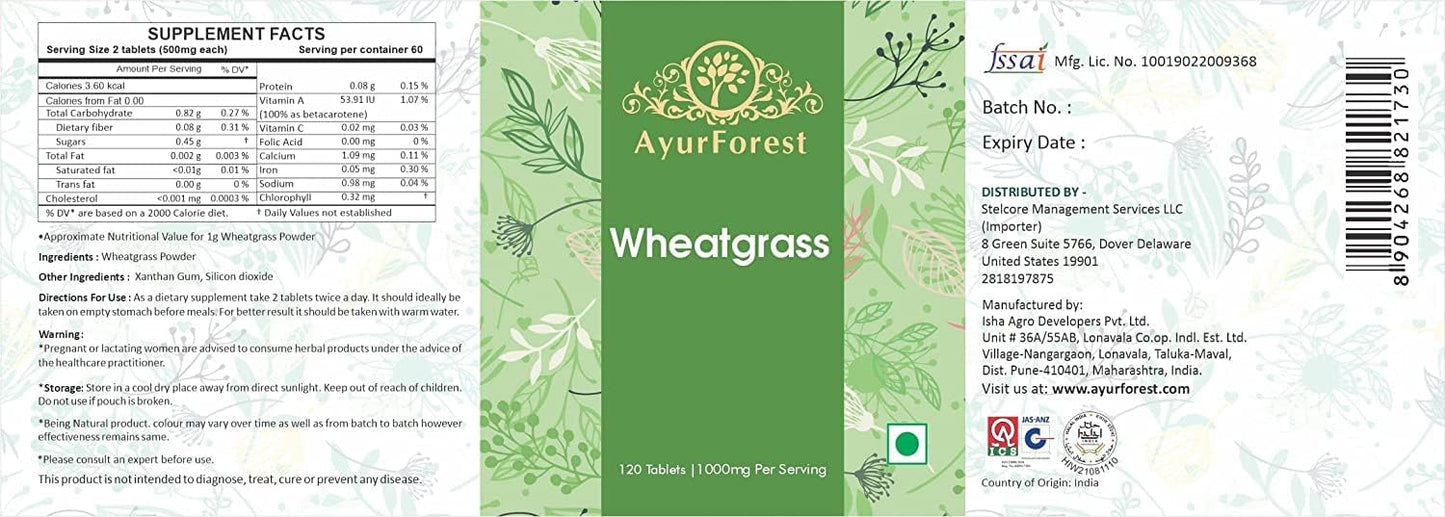 AYURFOREST Wheatgrass Tablets 500mg - 120 Herbal Supplements
