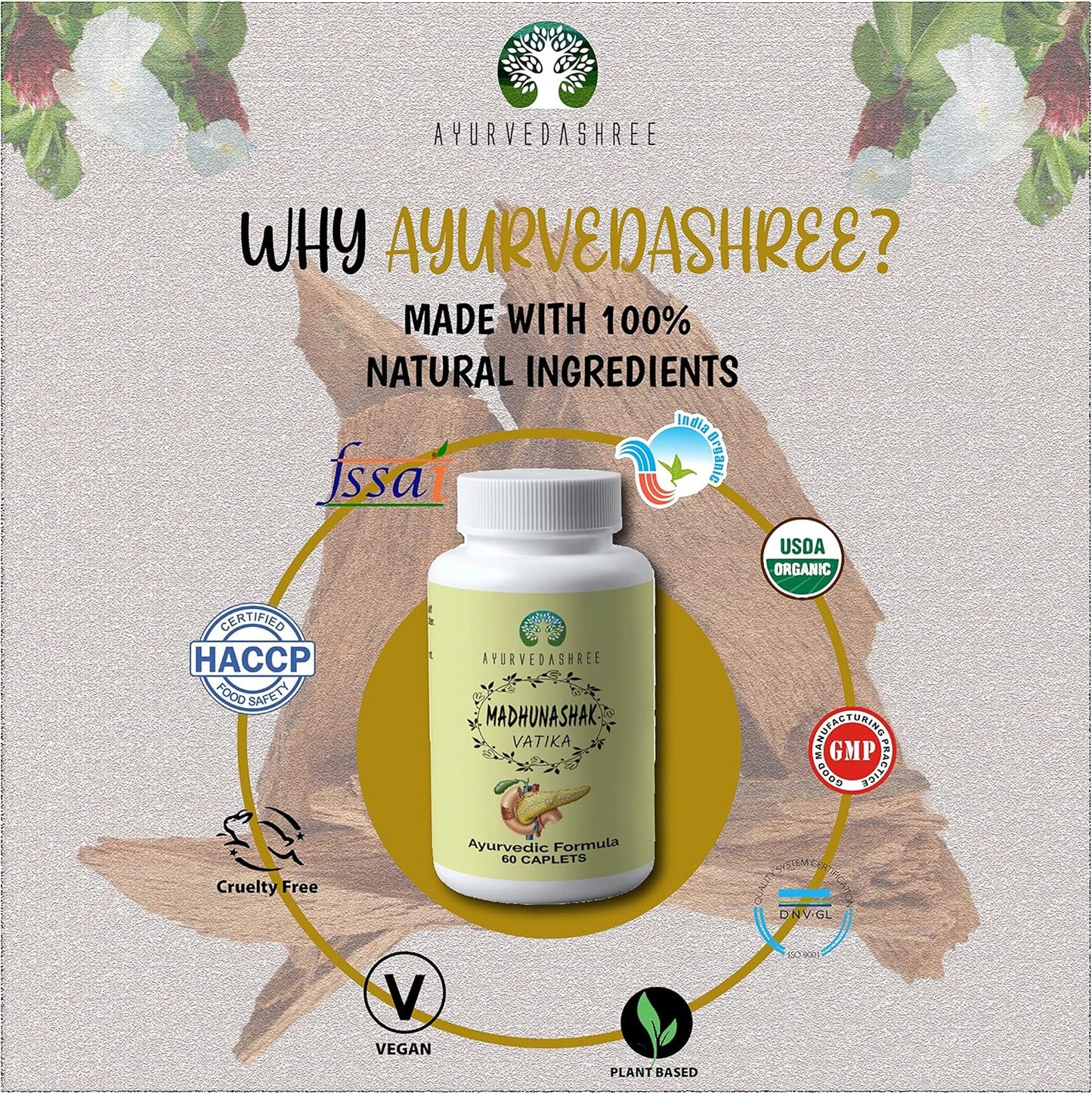 Ayurvedashree Madhunashak Vatika 60 Caplets - 1000 MG Natural Herb Extracts - Ayurvedic Formula