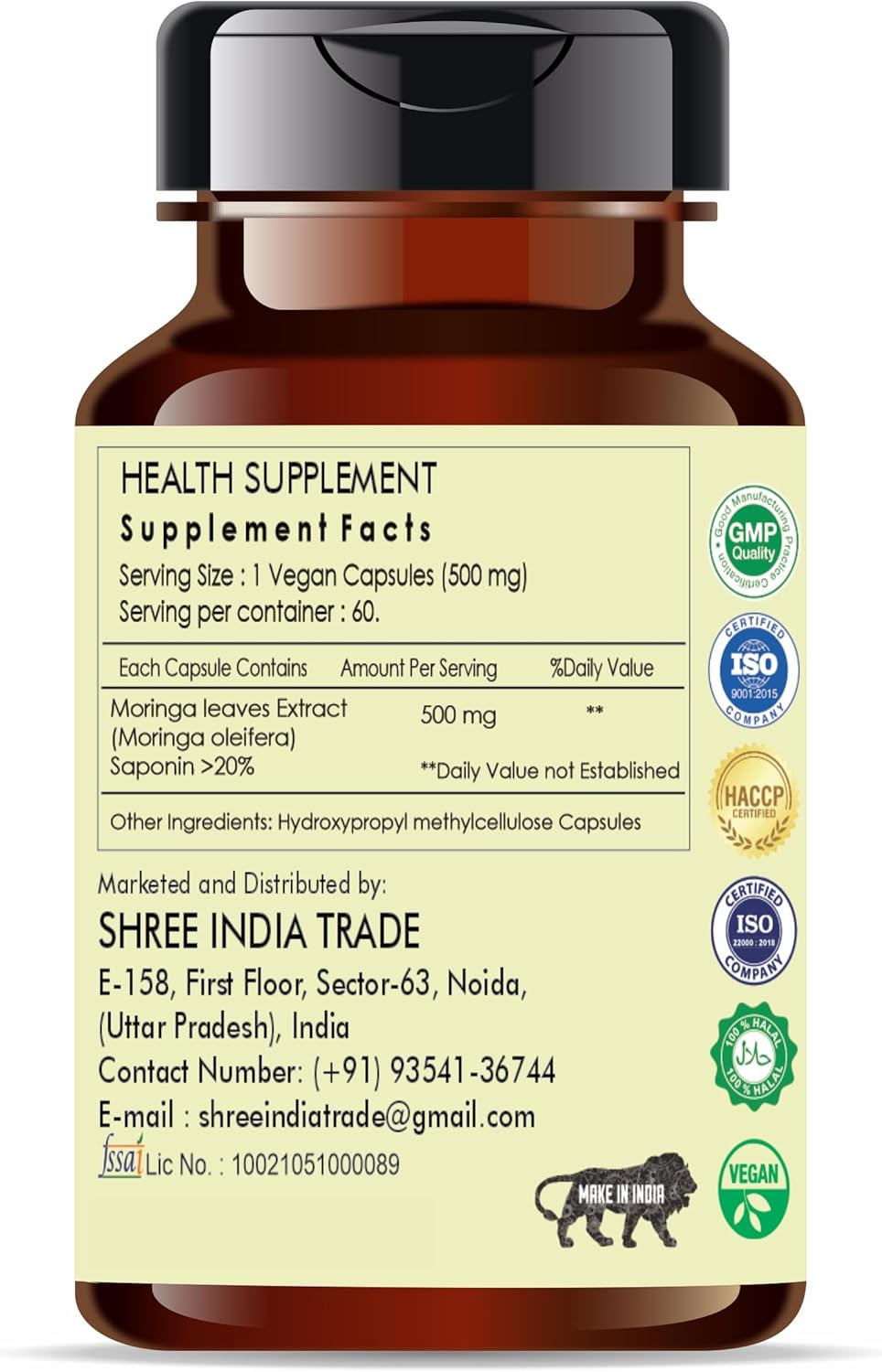 AYURVEDASHREE Moringa Oleifera Extract Capsules - 500mg, 60 Count, All Natural, Vegan, Gluten-Free, GMP Certified