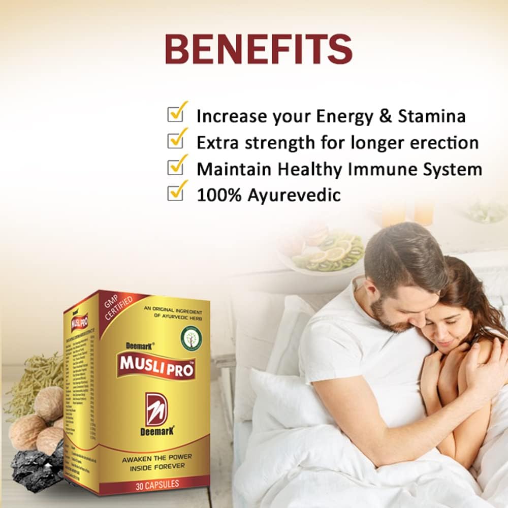 Ayurvedic Deemark Musli Pro Capsules - Boost Strength, Stamina, Power, Immunity, and Reduce Stress - 60 Count