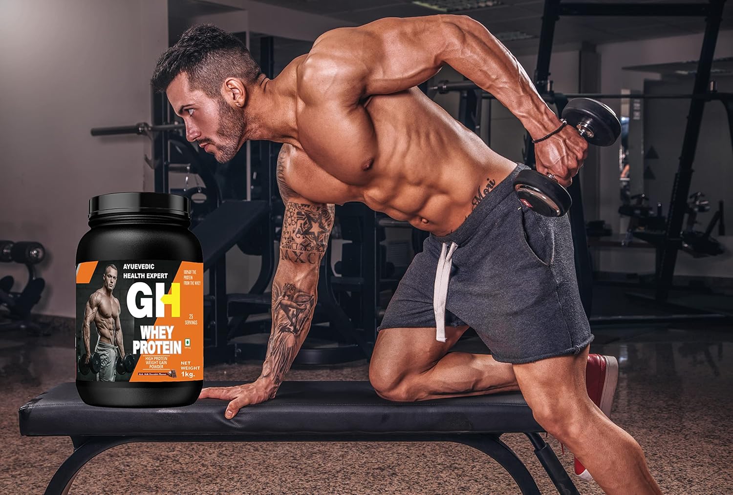 AYURVEDIC GH Whey Protein Powder for Muscle Mass Gains - Chocolate Flavor, 2.2lbs