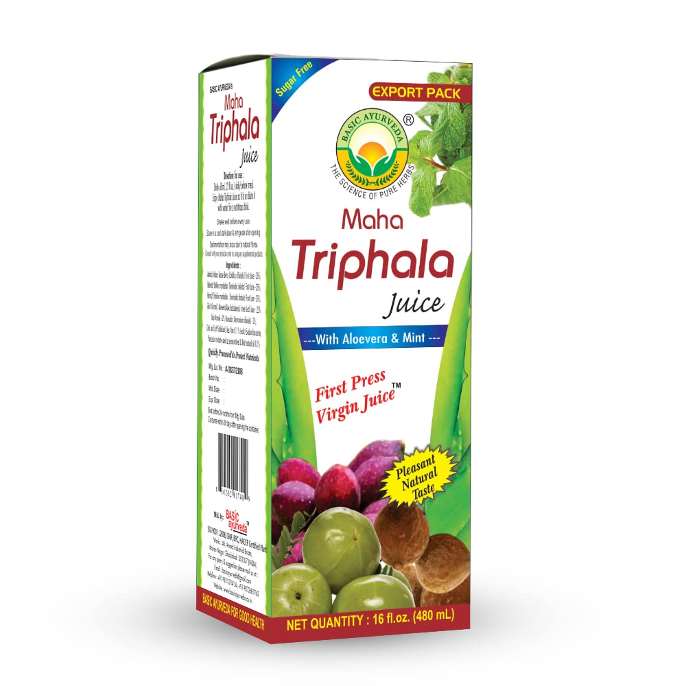 Ayurvedic Maha Triphala Juice with Aloe Vera, Mint - Vitamin C - Digestion & Gut Health - 16.23 Fl Oz