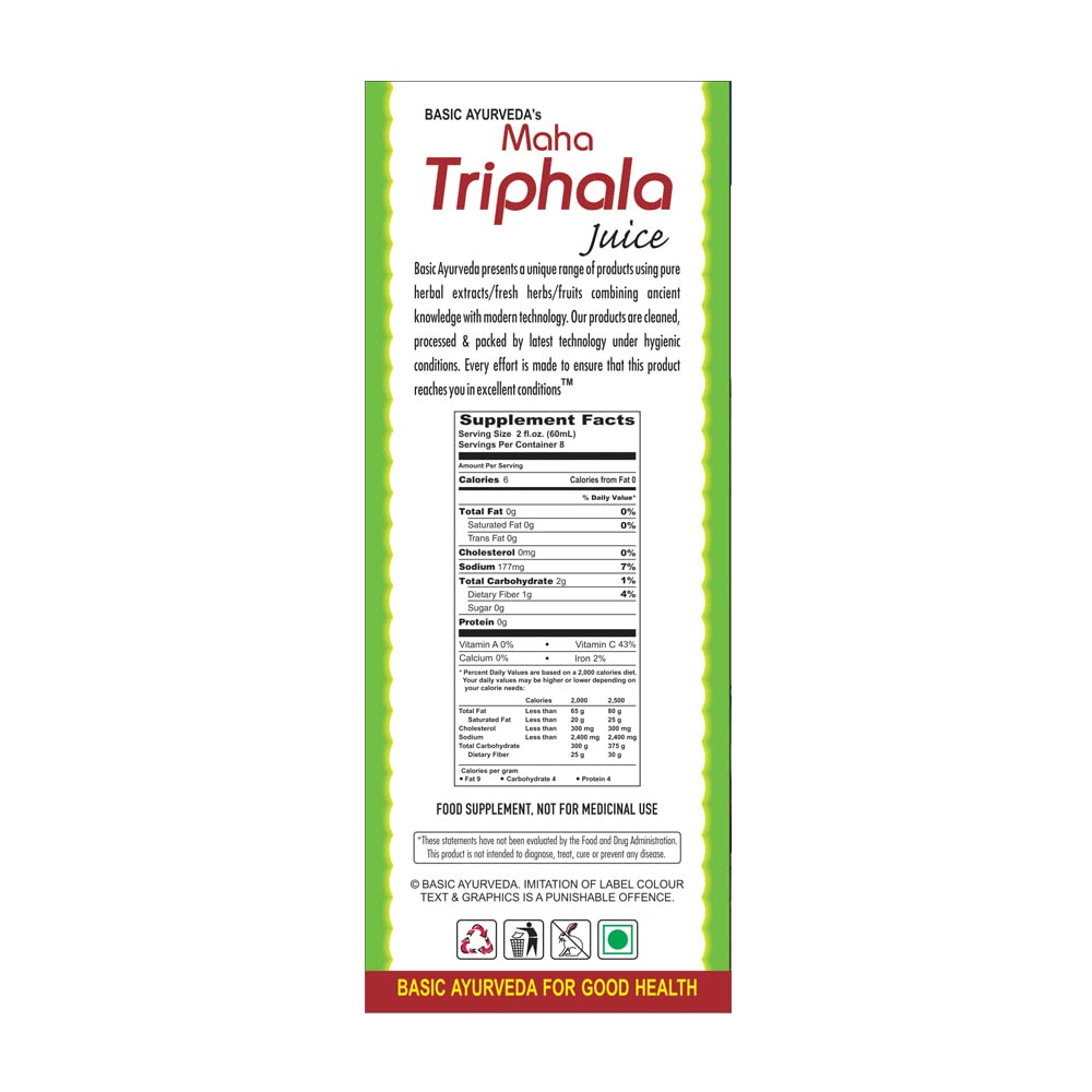 Ayurvedic Maha Triphala Juice with Aloe Vera, Mint - Vitamin C - Digestion & Gut Health - 16.23 Fl Oz
