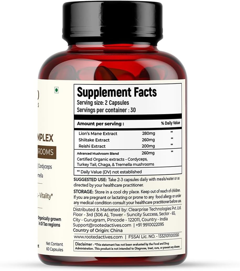 Ayurvedic Mushroom Complex Capsules - Lions Mane, Reishi, Cordyceps, Chaga, Turkey Tail, Shiitake, Tremella - 1000mg (60 Caps)