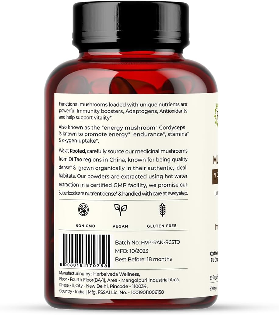 Ayurvedic Mushroom Complex Capsules - Lions Mane, Reishi, Cordyceps, Chaga, Turkey Tail, Shiitake, Tremella - 1000mg (60 Caps)