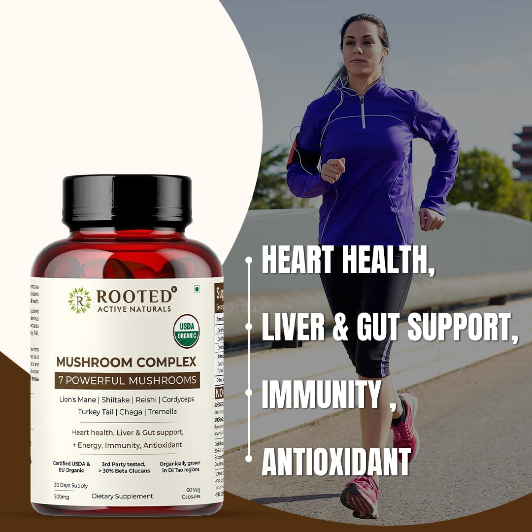 Ayurvedic Mushroom Complex Capsules - Lions Mane, Reishi, Cordyceps, Chaga, Turkey Tail, Shiitake, Tremella - 1000mg (60 Caps)