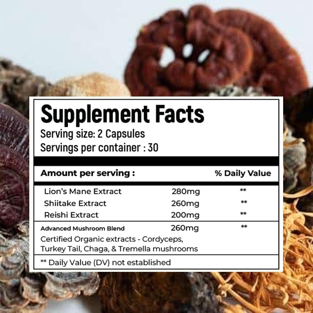 Ayurvedic Mushroom Complex Capsules - Lions Mane, Reishi, Cordyceps, Chaga, Turkey Tail, Shiitake, Tremella - 1000mg (60 Caps)