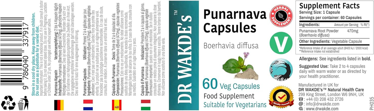 Ayurvedic Punarnava Capsules - 60 Veg Caps, Boerhavia Diffusa Supplement, Plant-Based & Vegan Formula