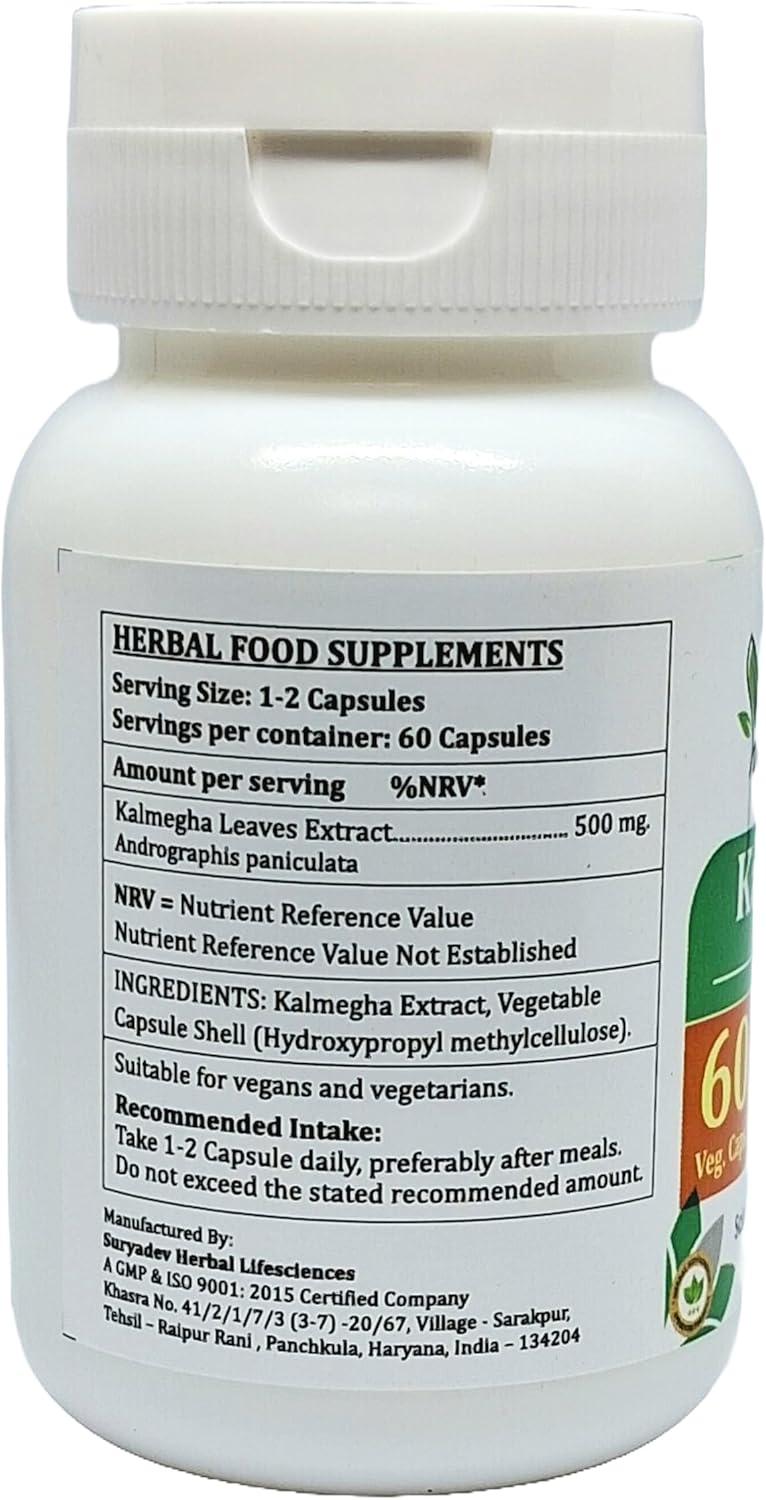 Ayurvedic Satya Naturals Kalmegha Extract Capsules 500mg - 60 Veg Capsules - Herbal Supplement for Men & Women - 10:1 Strength - 1 Bottle