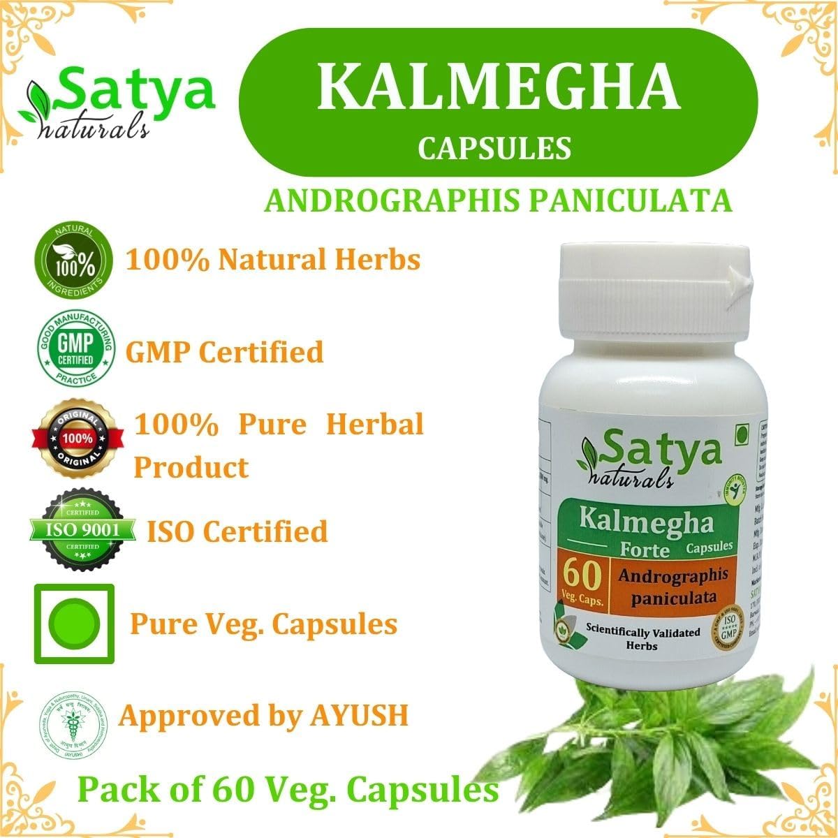 Ayurvedic Satya Naturals Kalmegha Extract Capsules 500mg - 60 Veg Capsules - Herbal Supplement for Men & Women - 10:1 Strength - 1 Bottle