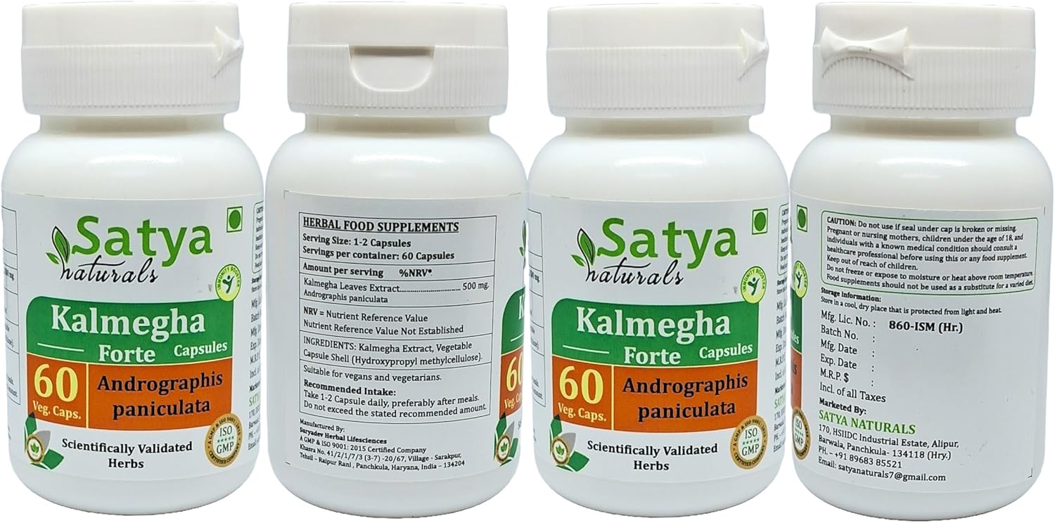 Ayurvedic Satya Naturals Kalmegha Forte Capsules 500mg - 240 Veg Capsules, Andrographis Paniculata Extract for Men and Women