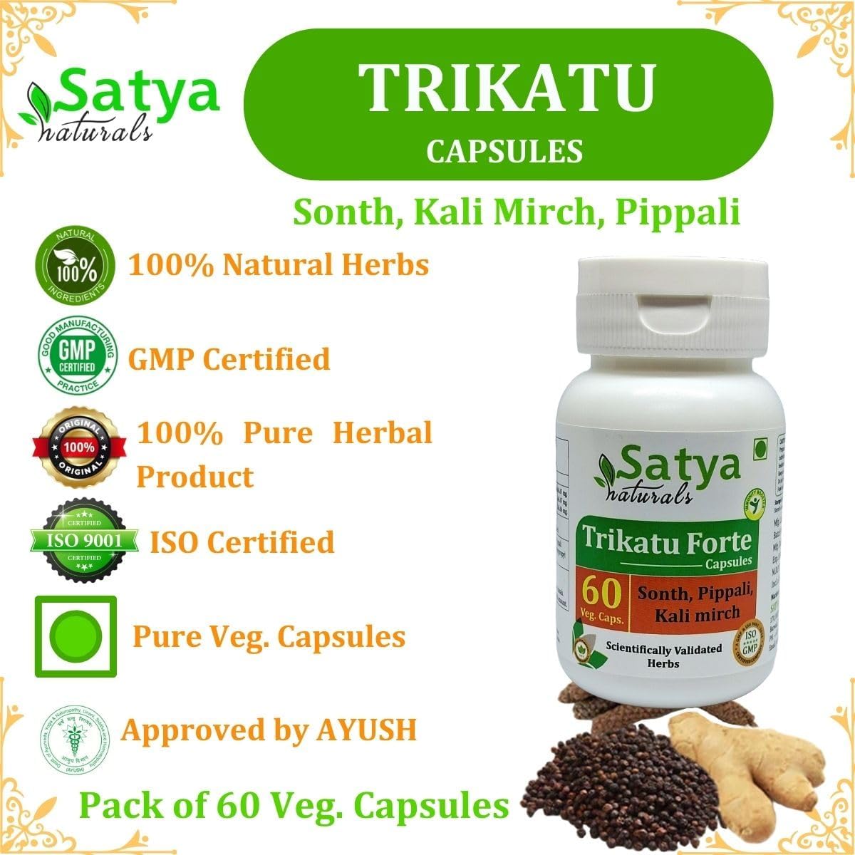 Ayurvedic Trikatu Forte Capsules 500mg for Men and Women | Satya Naturals Trikatu Extract Capsules | Herbal Supplement for Digestion | 60 Veg Capsules
