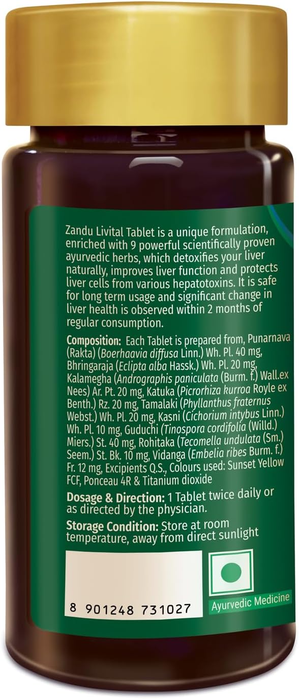 Ayurvedic Zandu Livital Tablets for Liver Protection, Fatty Liver Support, Digestion Aid, and Detoxification - 100% Natural Ingredients