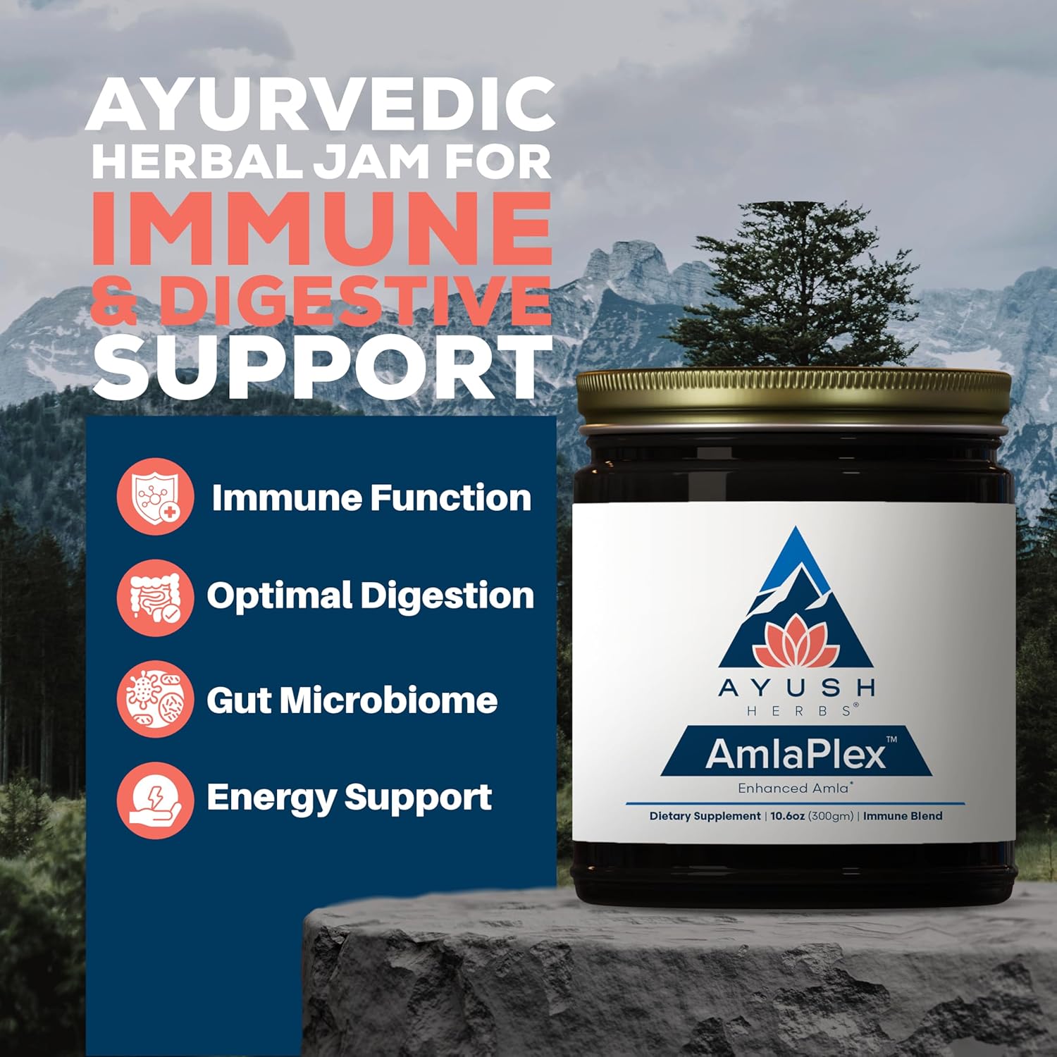 Ayush Herbs AmlaPlex Chyawanprash - Immune Support & Digestive Health, Indian Honey Jam with Ashwagandha - 10.6 oz Jar