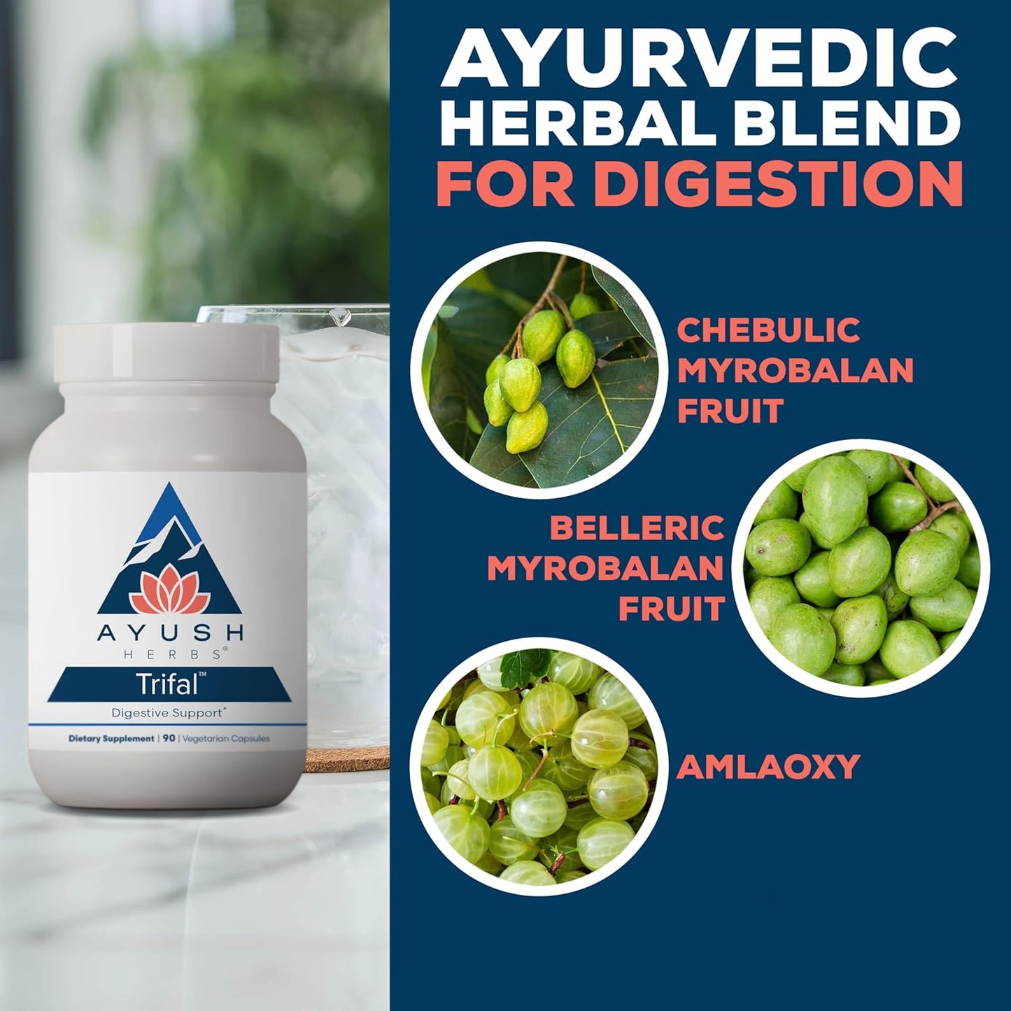 Ayush Herbs Trifal Capsules - Digestive Support & Antioxidant Boost - 90 Vegetarian Capsules for Men and Women
