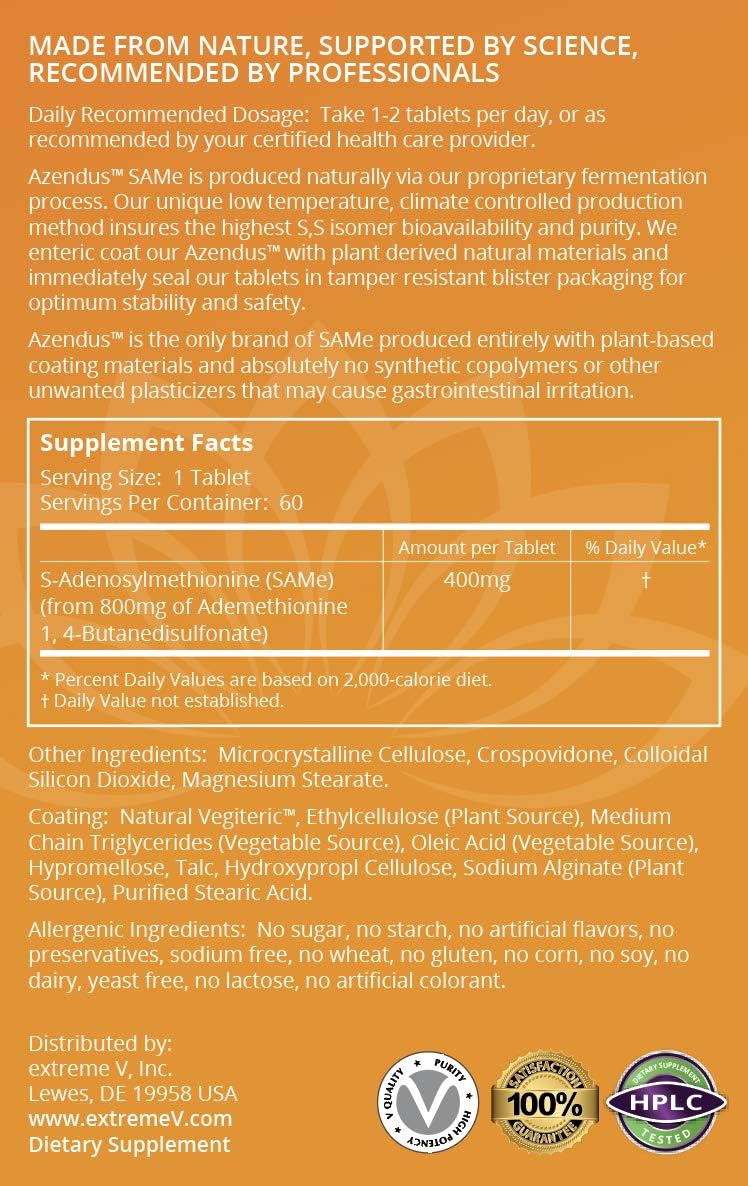 Azendus SAM-e Joint Support Tablets - 400mg, 60 Count - Enteric Coated Fiber Formula