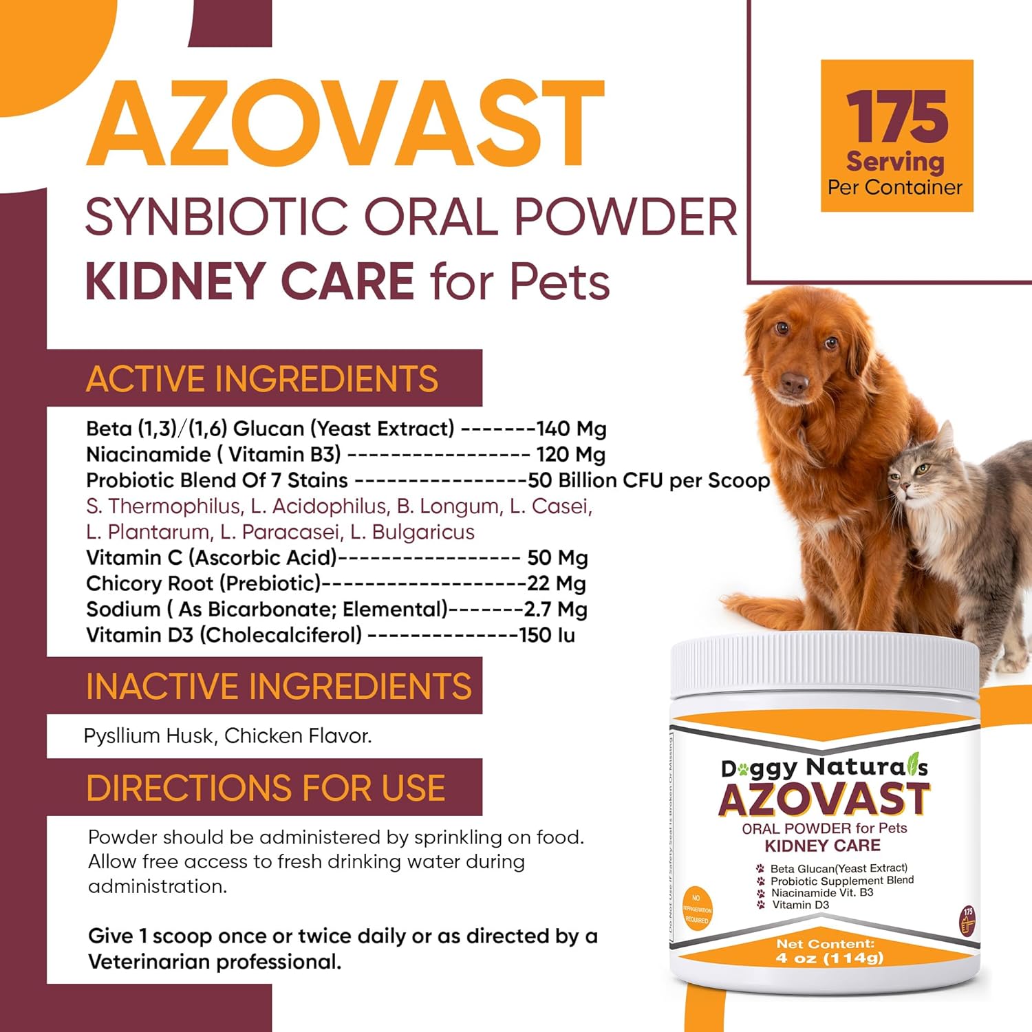 Azovast Kidney Health Powder for Dogs & Cats (4 Oz) - Supports Kidney Function & Manages Renal Toxins - No Refrigeration Needed - Made in USA