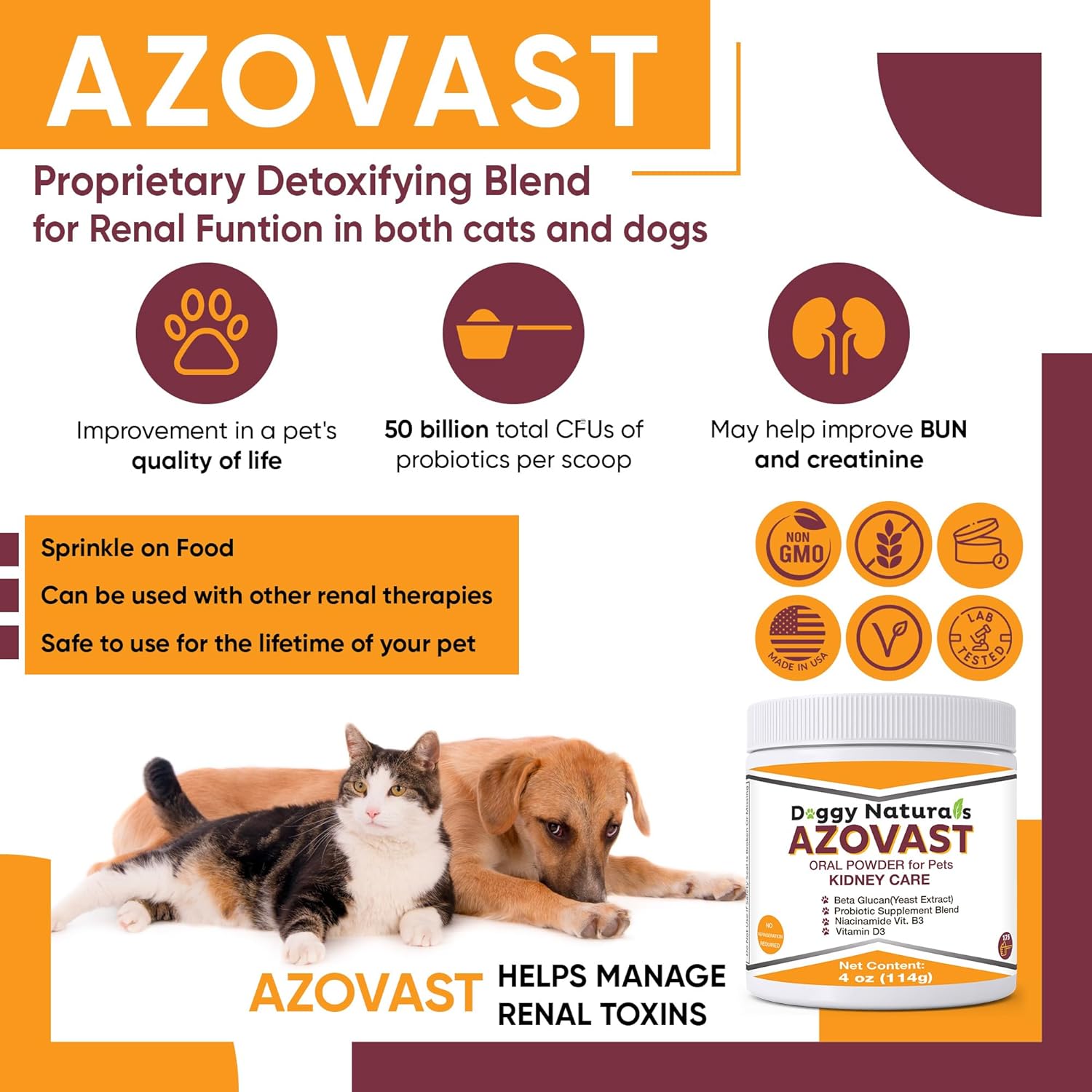 Azovast Kidney Health Powder for Dogs & Cats (4 Oz) - Supports Kidney Function & Manages Renal Toxins - No Refrigeration Needed - Made in USA