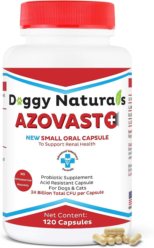 Azovast Plus Kidney Health Supplement for Dogs & Cats - 120 Capsules - Supports Kidney Function & Manages Renal Toxins - No Refrigeration Needed.