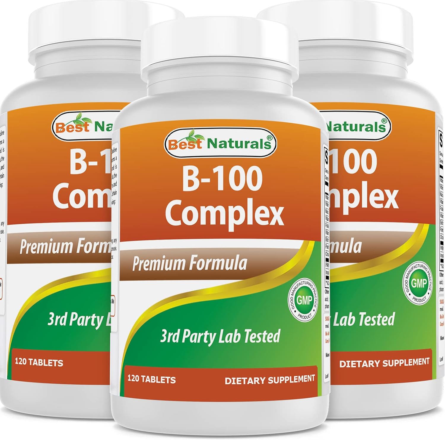 B 100 Complex Vitamins - Best Naturals - 120 Tablets - Pack of 3