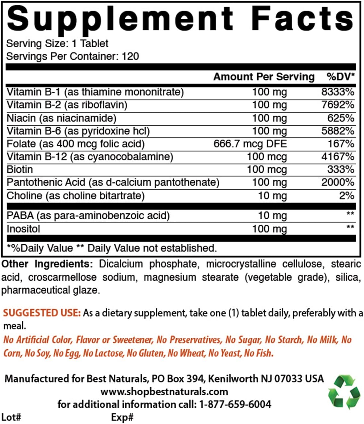 B 100 Complex Vitamins - Best Naturals - 120 Tablets - Pack of 3