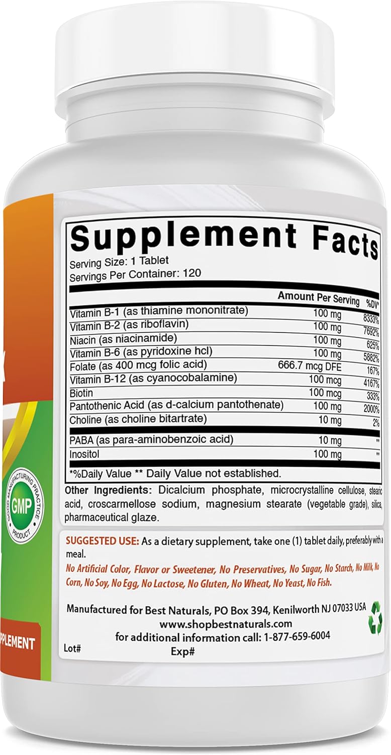 B 100 Complex Vitamins - Best Naturals - 120 Tablets - Pack of 3